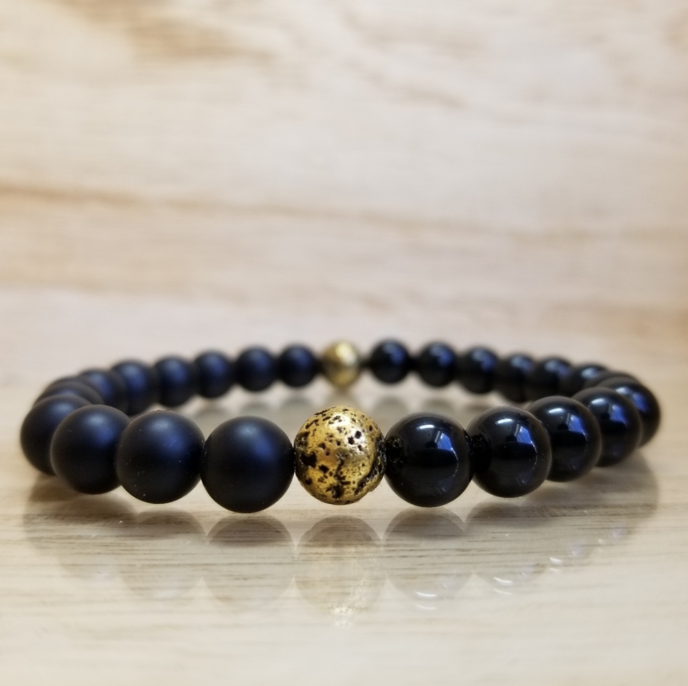 Black Onyx & Gold Lava Stone Stretch Bracelet